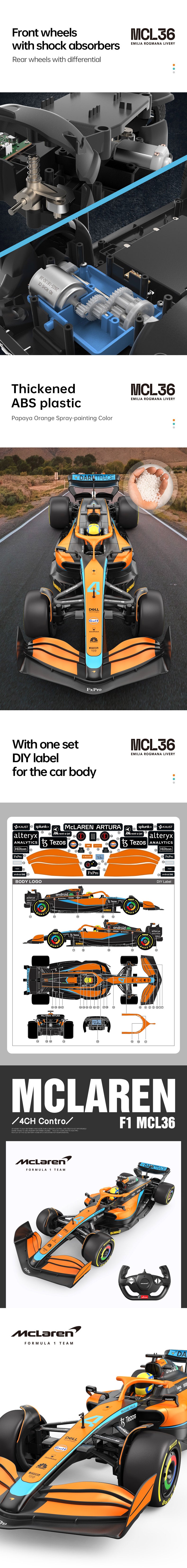RASTAR McLaren F1 MCL36 - 1:12 Scale Formula 1 Racing Car with Remote Control, Forward and Reverse Drive, Left and Right Steering, Independent Front Suspension and DIY Sticker Set - Model 99860 description image 2