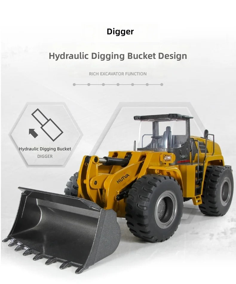 Huina 1583 - 1:14 24CH RC Wheel Loader, Semi-Alloy Construction Vehicle with 2.4GHz Remote Control, Working Metal Bucket and Loader Arm, LED Lights, Sound Effects, Rechargeable Battery Included description image 2