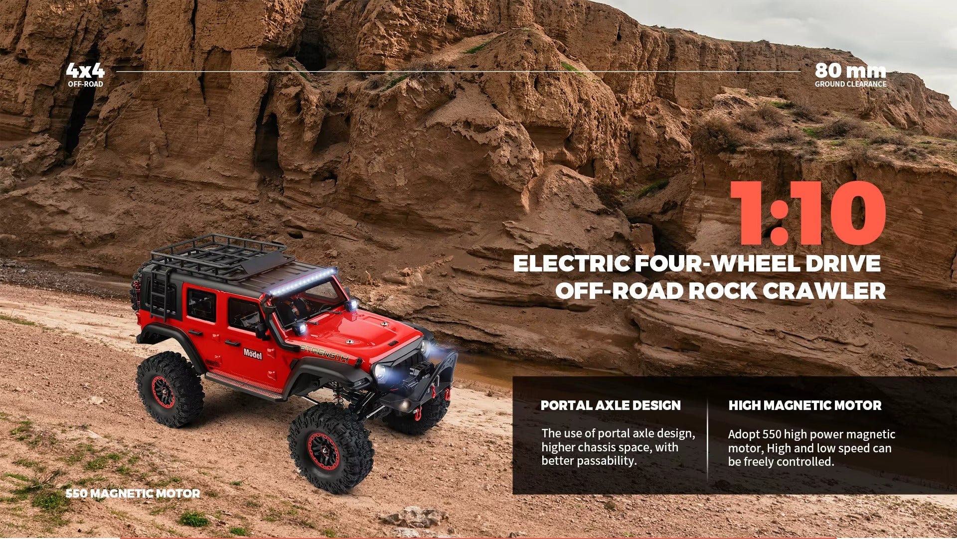 WLtoys 104006 - 1:10 4WD RC Rock Crawler, 2.4GHz Digital Display Remote, 550 Brushed Motor, 2-Speed Gearbox, Front & Rear Differential Locks, Portal Axles, Electric Winch, LED Lights & 7.4V Battery description image 2