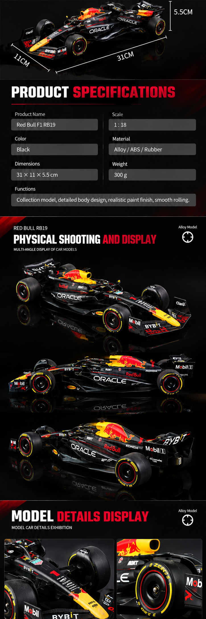 Black Mamba Oracle Red Bull Racing RB19 Formula 1 Die-Cast Model Car, 1:18 Scale, 2023 Racing Livery, Black and Yellow Collector Model description image 2