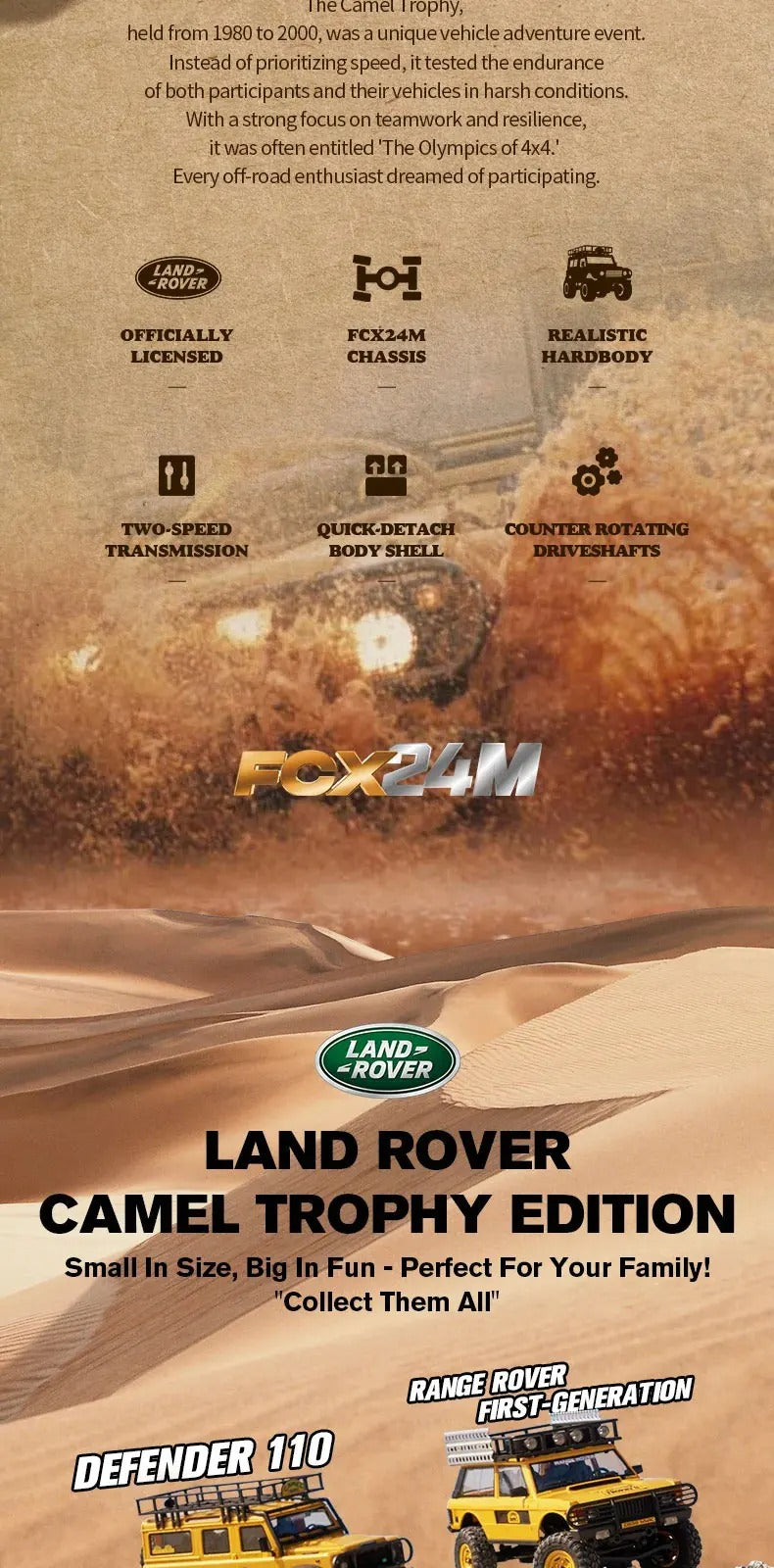 FMS FCX24M - 1:24 Land Rover Range Rover Camel Trophy RC Crawler, 4WD, ABS Hard Body, 050 35T Brushed Motor, 2-Speed Transmission, Metal Chassis Rails, Oil-Filled Shocks, 2.4GHz Radio, 2S Battery description image 2