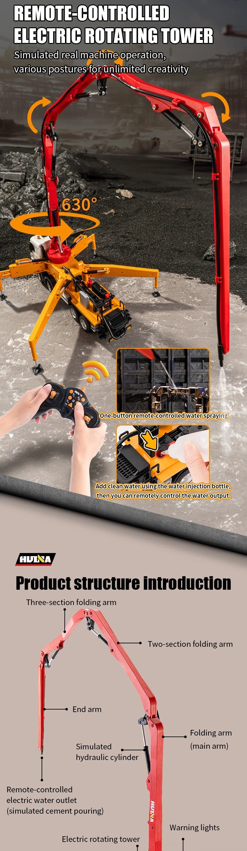 Huina 1381 - 1:18 11CH RC Concrete Pump Truck, 2.4GHz Remote-Control Construction Vehicle with Rotating Pump Arm, One-Key Water Spray, LED Lights, Sound Effects, Rechargeable Battery Included description image 2