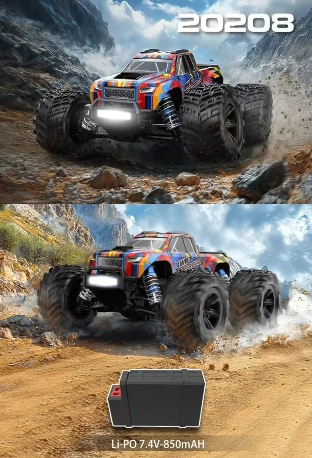 MJX Hyper Go 20208 - 1:20 4WD Brushless RC Monster Truck, 1806 4400KV Motor, 35A ESC, 39km/h, 7.4V 850mAh LiPo Battery, Oil-Filled Shocks, Metal Differential, 2.4GHz Radio, LED Lights description image 2