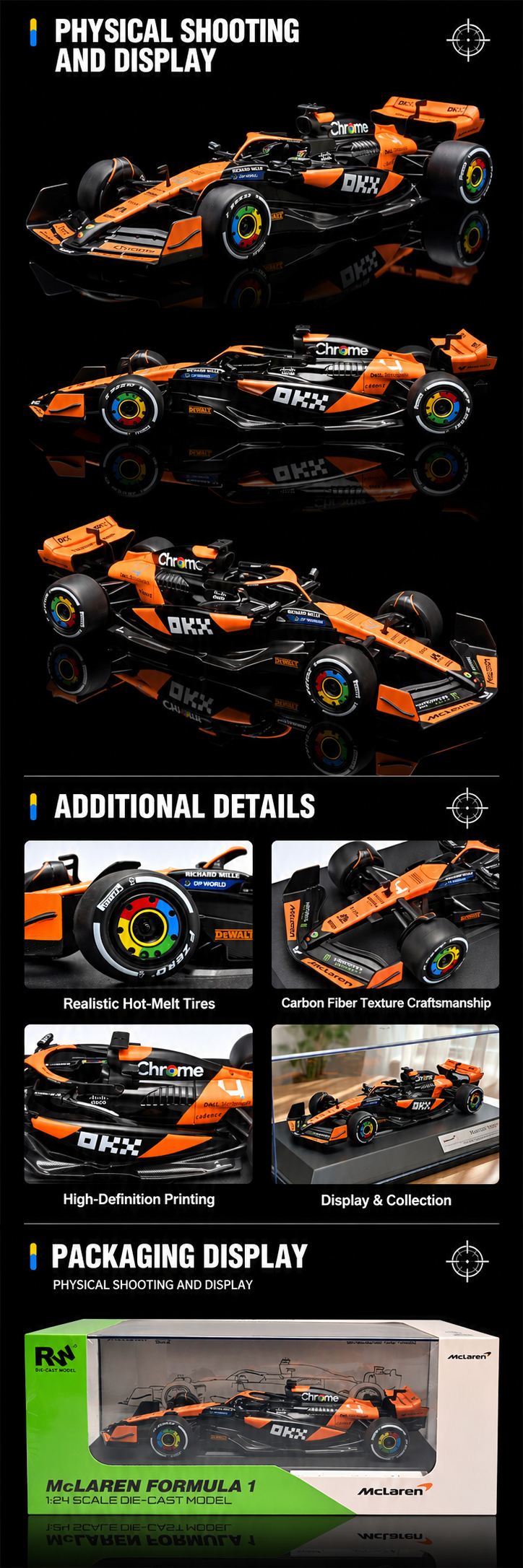 RW5224 McLaren MCL38 Formula 1 Die-Cast Model Car, 1:24 Scale, 2024 Miami Grand Prix Orange and Black Racing Livery description image 2