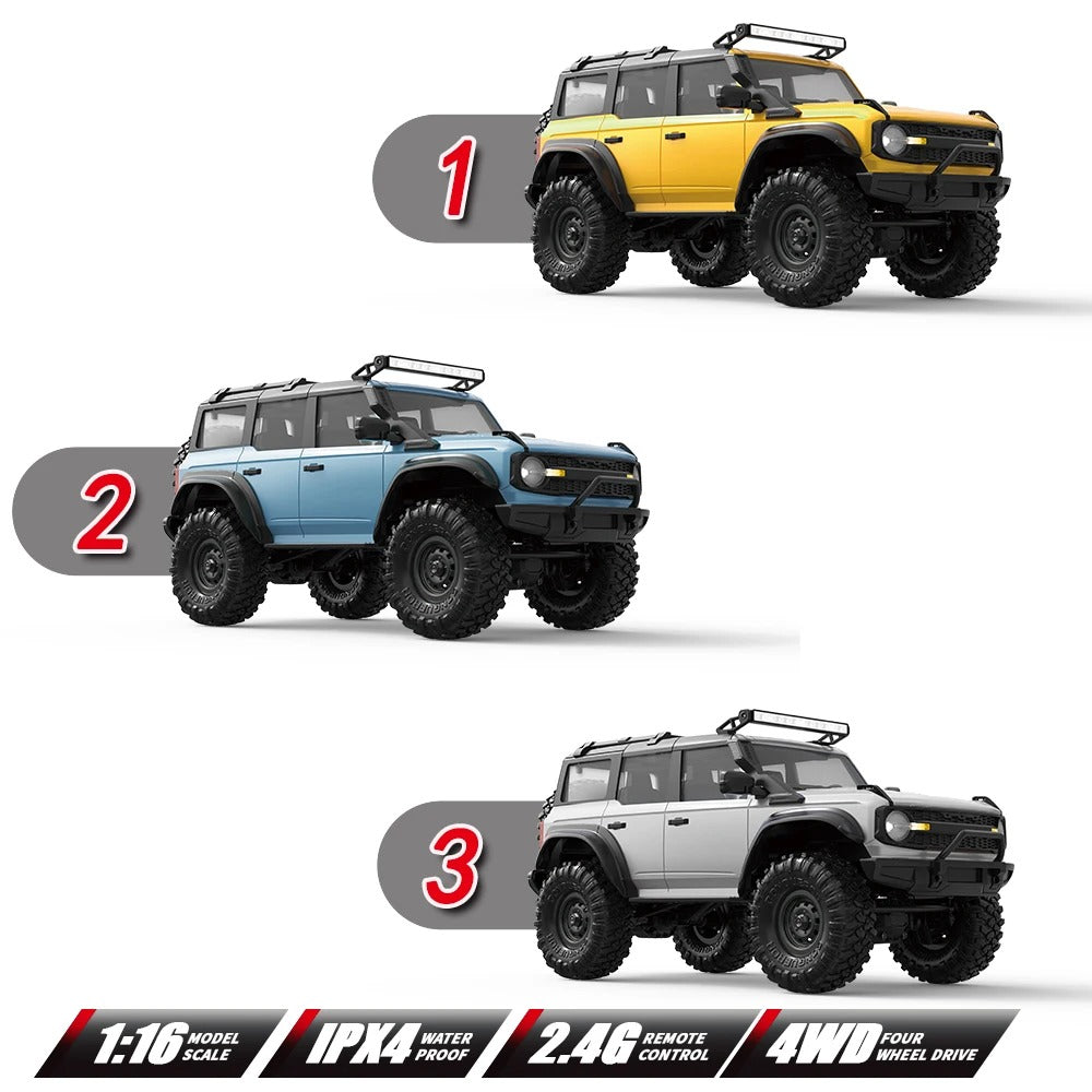 HB Toys HB-R1601 / HB-R1602 / HB-R1603 - 1:16 Scale RC Bronco Style Rock Crawler 4WD Off-Road Climbing Car, 2.4GHz Remote Control, IPX4 Splash Resistant, LED Lights, 7.4V Rechargeable Battery, RTR description image 2
