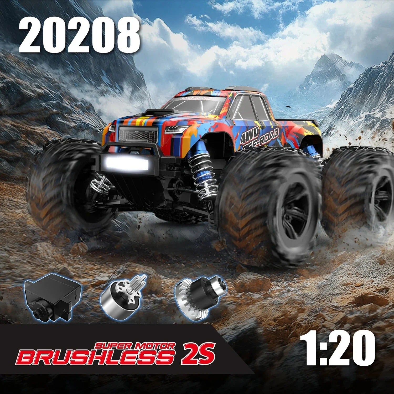 MJX Hyper Go 20208 - 1:20 4WD Brushless RC Monster Truck, 1806 4400KV Motor, 35A ESC, 39km/h, 7.4V 850mAh LiPo Battery, Oil-Filled Shocks, Metal Differential, 2.4GHz Radio, LED Lights description image 3