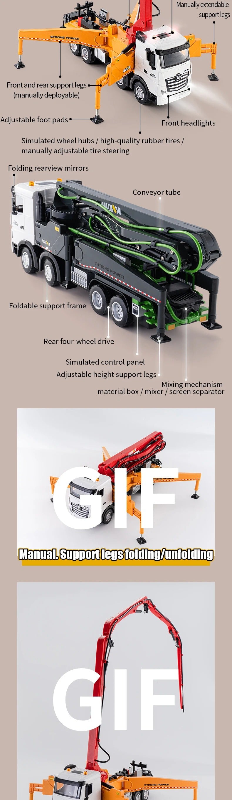 Huina 1381 - 1:18 11CH RC Concrete Pump Truck, 2.4GHz Remote-Control Construction Vehicle with Rotating Pump Arm, One-Key Water Spray, LED Lights, Sound Effects, Rechargeable Battery Included description image 3