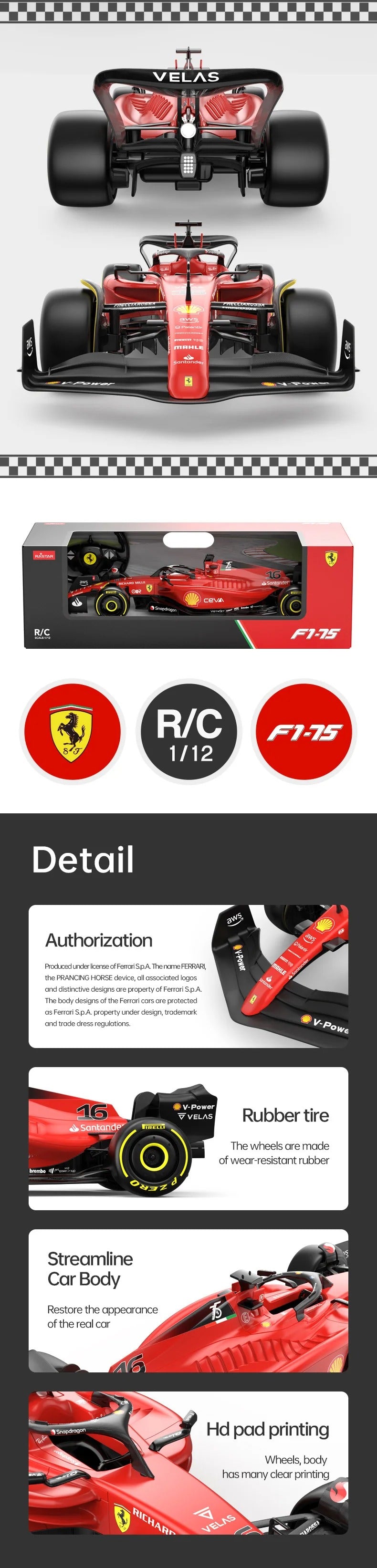 RASTAR Ferrari F1-75 RC Car, Model 99960 - 1:12 Scale Formula 1 Racing Car with 2.4GHz Remote Control, Rechargeable Battery, Forward and Reverse Drive, Left and Right Steering description image 3