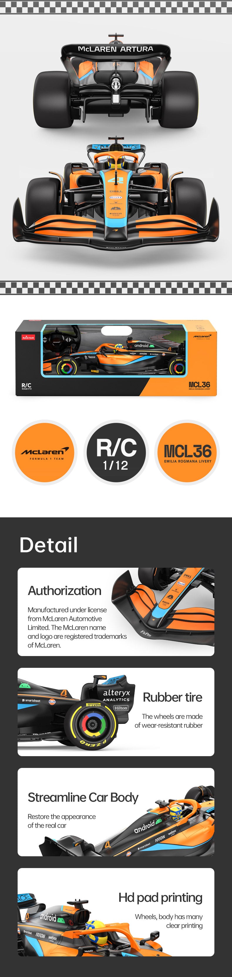 RASTAR McLaren F1 MCL36 - 1:12 Scale Formula 1 Racing Car with Remote Control, Forward and Reverse Drive, Left and Right Steering, Independent Front Suspension and DIY Sticker Set - Model 99860 description image 3