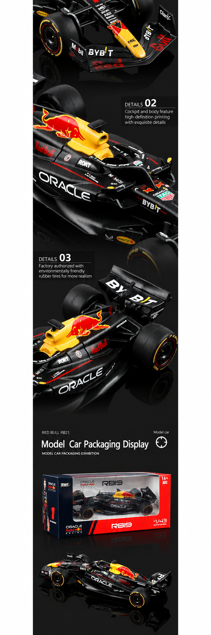Black Mamba Oracle Red Bull Racing RB19 Formula 1 Die-Cast Model Car, 1:43 Scale, Black 2023 F1 Racing Car Replica, Motorsport Collectible for Formula One Fans and Display Collections description image 3