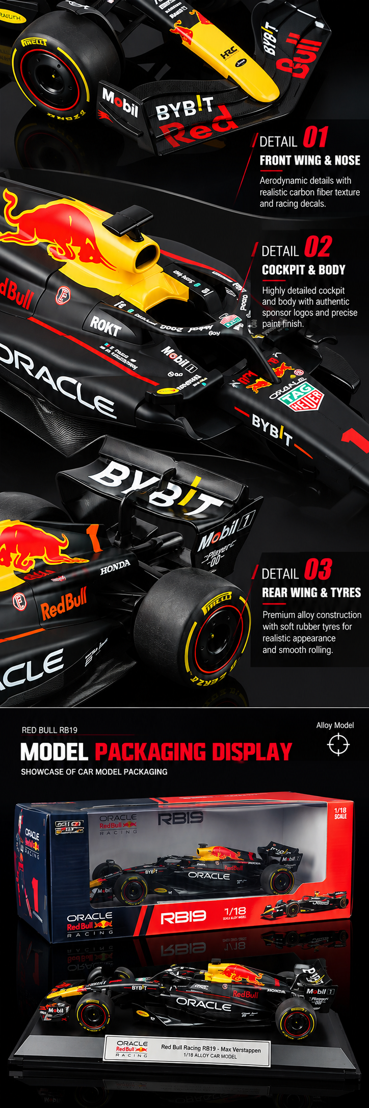 Black Mamba Oracle Red Bull Racing RB19 Formula 1 Die-Cast Model Car, 1:18 Scale, 2023 Racing Livery, Black and Yellow Collector Model description image 3