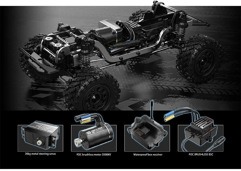 MJX Hyper Go H12Y+ - 1:12 4WD Brushless RC Crawler, 3650 3500KV Sensored Motor, 45A ESC, Aluminum Alloy Body, 20KG Metal Gear Servo, Portal Axles, 2S Battery, 2.4GHz 4CH Radio with LED Lights description image 3