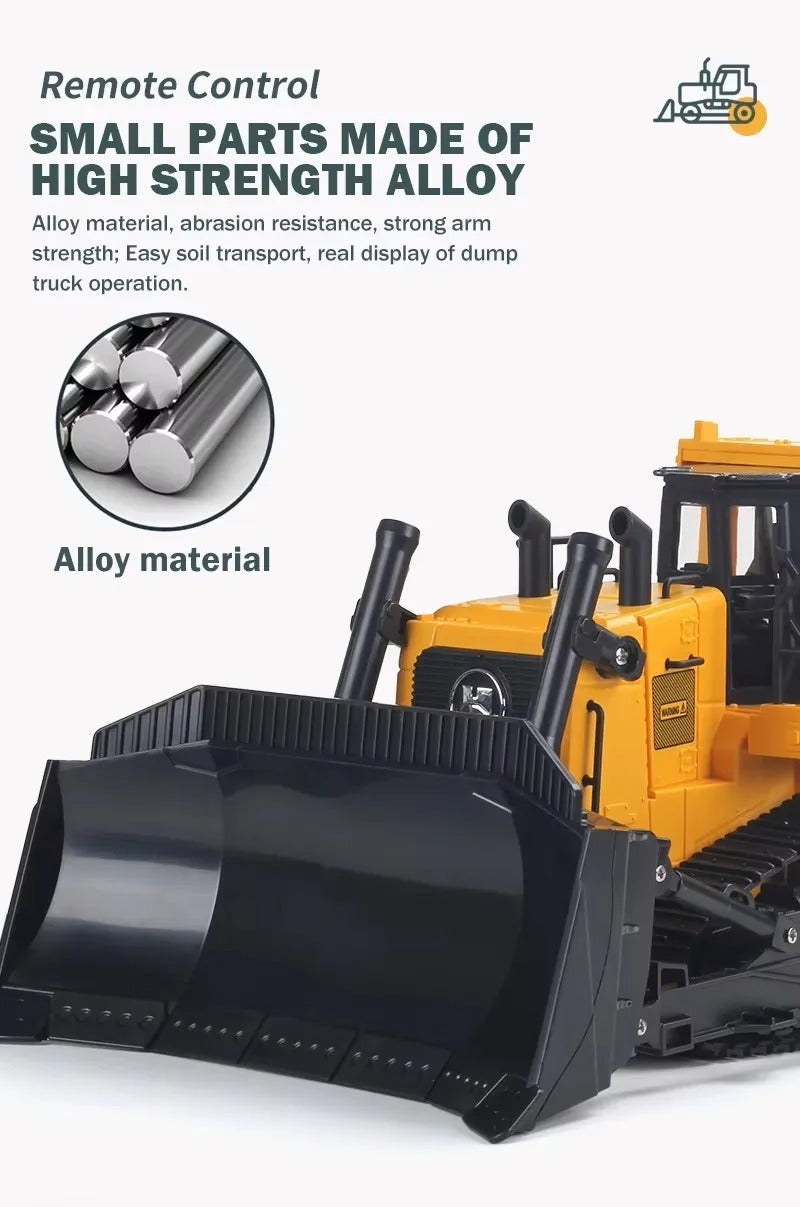 Huina 1554 - 1:16 11CH RC Bulldozer, Semi-Alloy Tracked Earthmover with 2.4GHz Remote Control, Motorized Metal Blade, Rear Ripper, LED Lights, Sound Effects, Rechargeable 3.7V 900mAh Battery description image 3