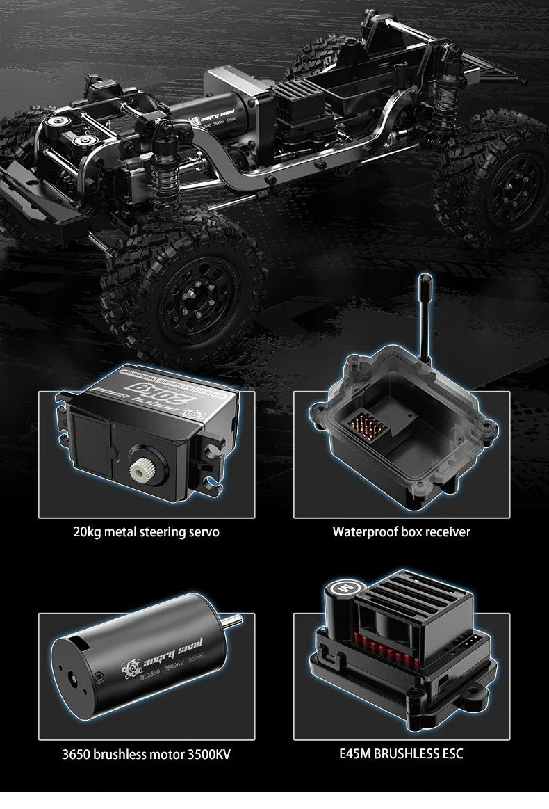 MJX Hyper GO H12Y - 1:12 4WD Brushless RC Crawler, 3650 3500KV Motor, 45A Waterproof ESC, Aluminum Alloy Body Shell, 20KG Metal Gear Servo, Oil-Filled Shocks, 2.4GHz 4CH Radio description image 3