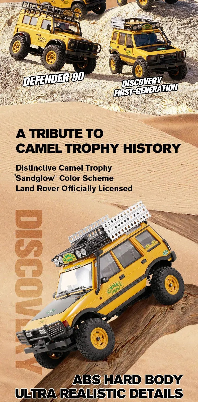 FMS FCX24M - 1:24 Land Rover Range Rover Camel Trophy RC Crawler, 4WD, ABS Hard Body, 050 35T Brushed Motor, 2-Speed Transmission, Metal Chassis Rails, Oil-Filled Shocks, 2.4GHz Radio, 2S Battery description image 3