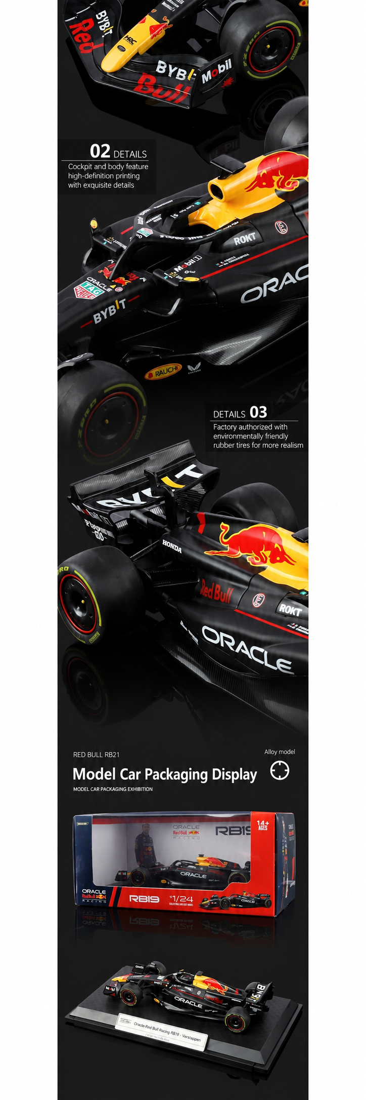 Black Mamba Oracle Red Bull Racing RB19 Formula 1 Die-Cast Model Car, 1:24 Scale, 2023 Racing Livery, Black and Yellow Collector Model description image 3