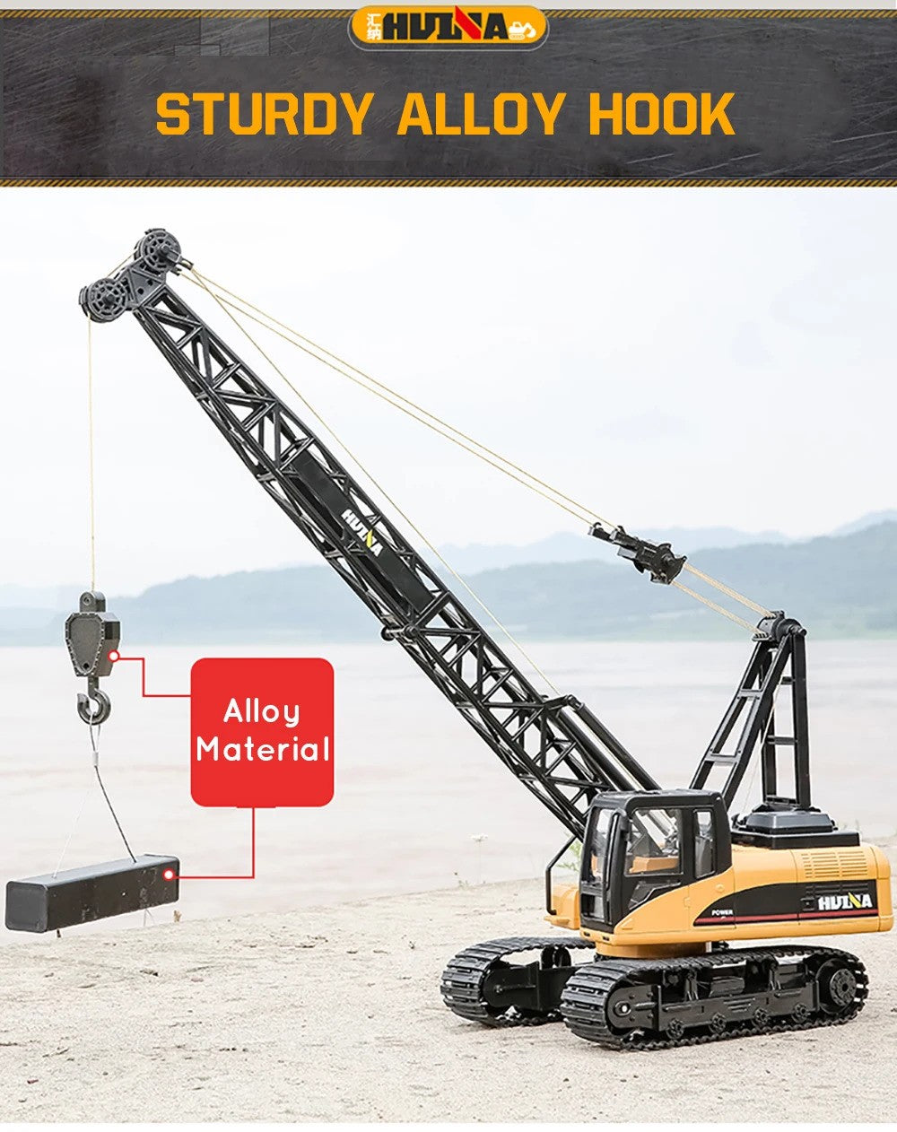 Huina 1572 - 1:14 RC Tracked Crane | 2.4GHz 15CH Alloy Construction Crawler with Grab Hook, Realistic Lights & Sound description image 3