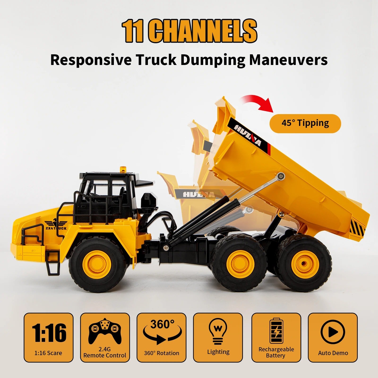Huina 1553 1:16 11CH RC Dump Truck, 2.4GHz Remote-Control Articulated Construction Vehicle with Motorized Tilting Bed, LED Lights, Sound Effects, Demo Mode, 3.7V 900mAh Rechargeable Battery description image 3