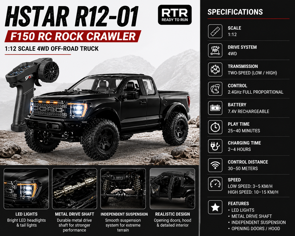 Hstar F150 - R12-01  1:12 4WD RC Rock Crawler Pickup Truck Two-Speed Off-Road Remote Control Car with LED Lights, 2.4GHz Full Proportional Control, 7.4V Rechargeable Battery, All Terrain Performance