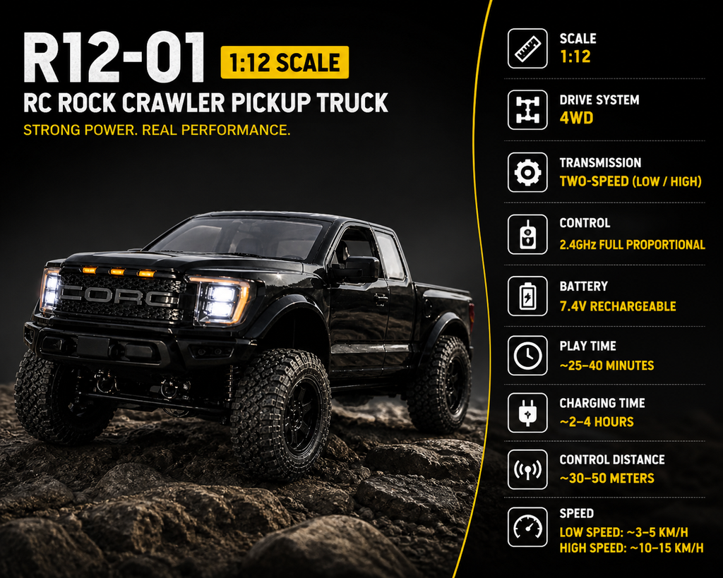 Hstar F150 - R12-01  1:12 4WD RC Rock Crawler Pickup Truck Two-Speed Off-Road Remote Control Car with LED Lights, 2.4GHz Full Proportional Control, 7.4V Rechargeable Battery, All Terrain Performance