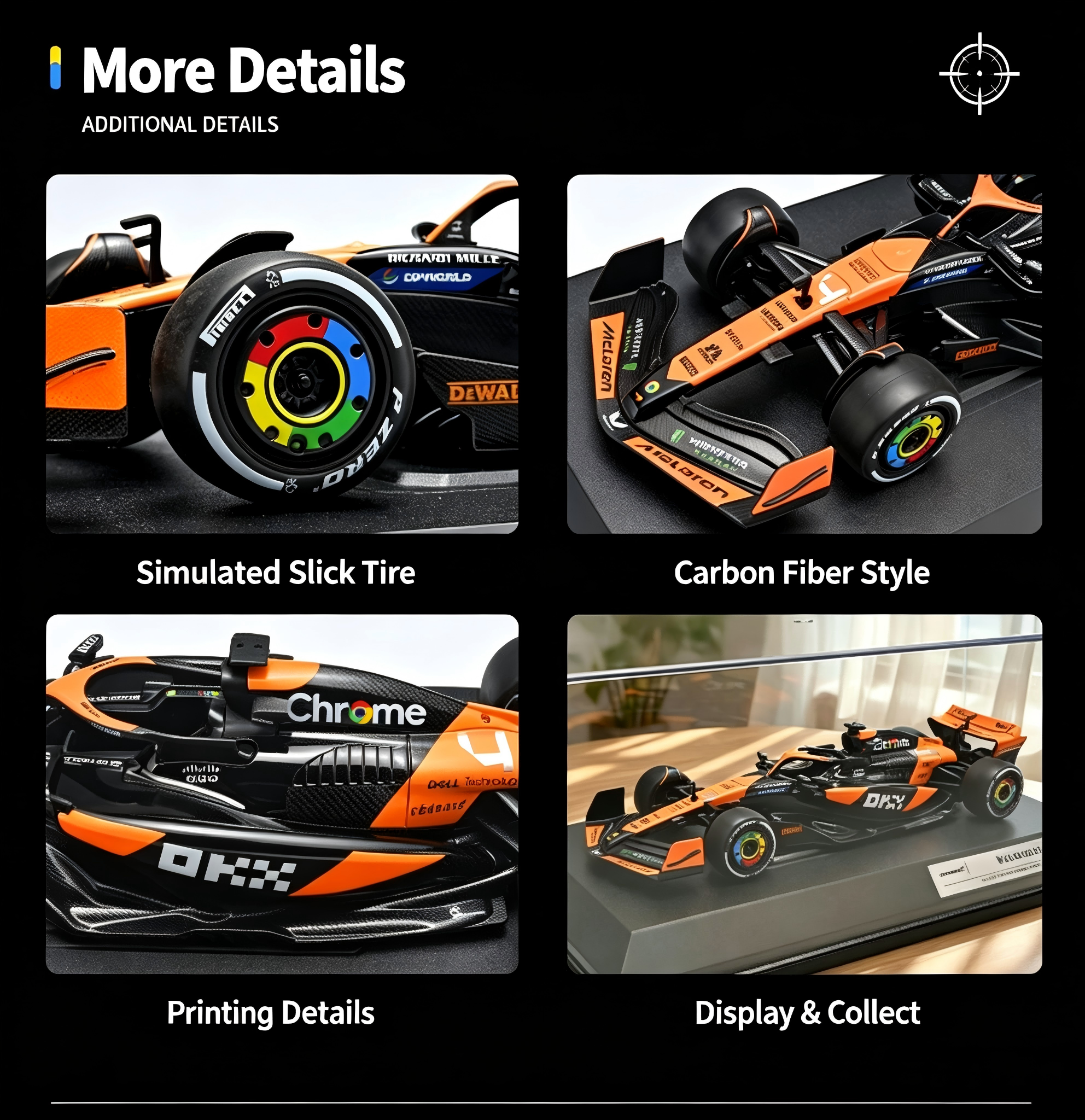 RW5218 McLaren Formula 1 MCL38 Die-Cast Model Car - 1:18 Scale, 2024 Miami Grand Prix Orange and Black Racing Livery description image 3