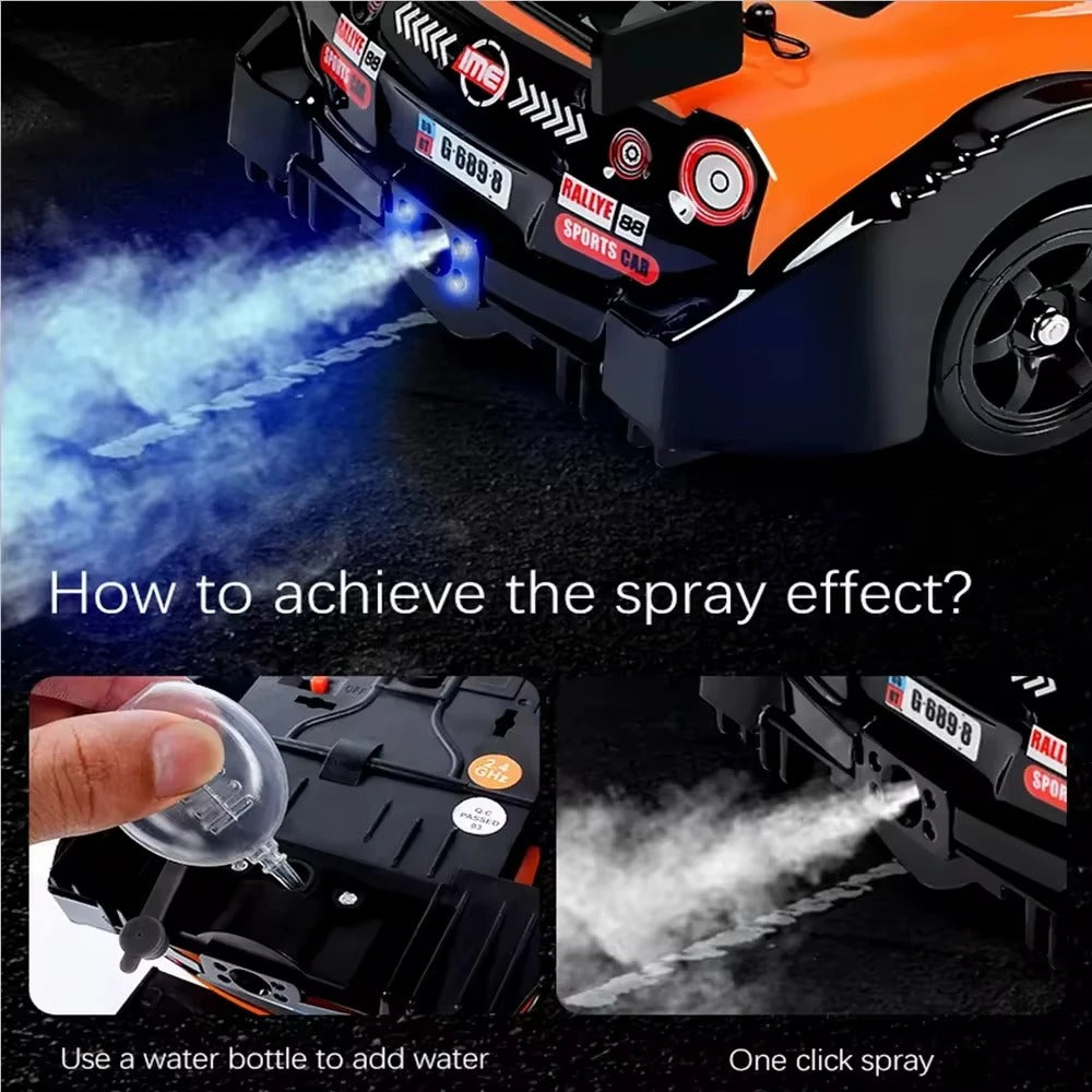 HB Toys Racing Rally 1:16 Scale RC Drift Racing Car for Kids, 4WD Remote Control Sports Rally Car, 18+ KM/H Speed, 2.4GHz Wireless Controller, LED Lights, Water Spray Effect, 7.4V Rechargeable Battery and Extra Wheels description image 4