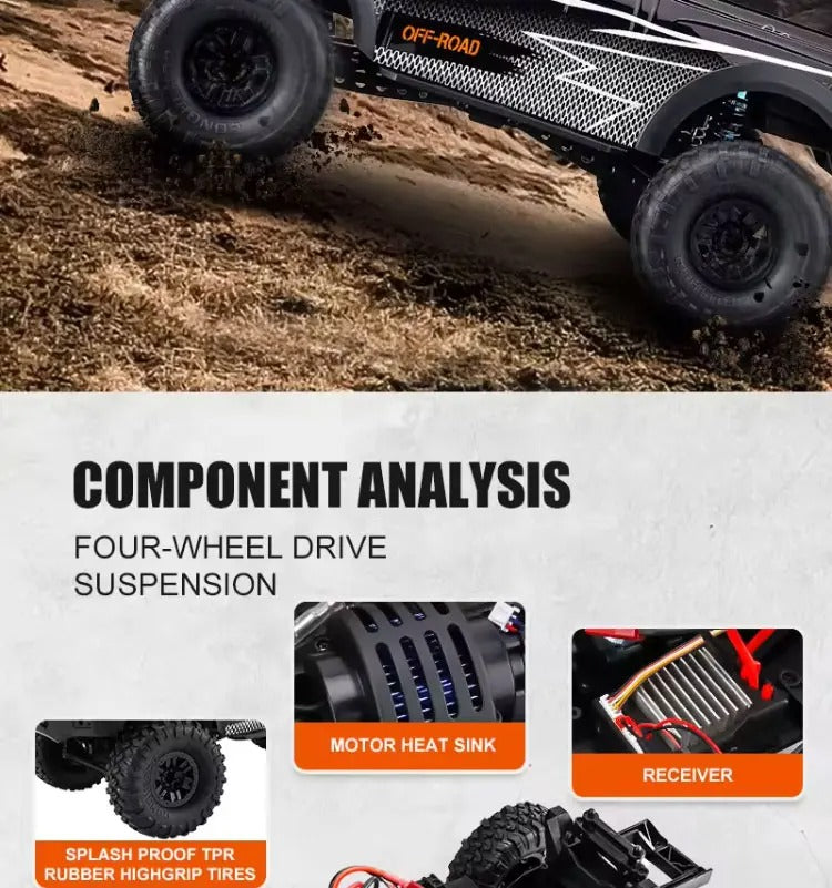 HB Toys HB-ZP1009 - 1:10 Scale 4WD RC Off-Road Climbing Truck, 15 km/h Remote Control Pickup with 540 Brushed Motor, 2.4GHz Control, LED Lights, IPX4 Splash Resistance and 7.4V Battery description image 4