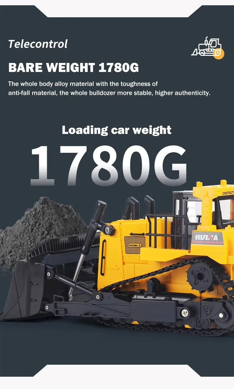 Huina 1554 - 1:16 11CH RC Bulldozer, Semi-Alloy Tracked Earthmover with 2.4GHz Remote Control, Motorized Metal Blade, Rear Ripper, LED Lights, Sound Effects, Rechargeable 3.7V 900mAh Battery description image 4