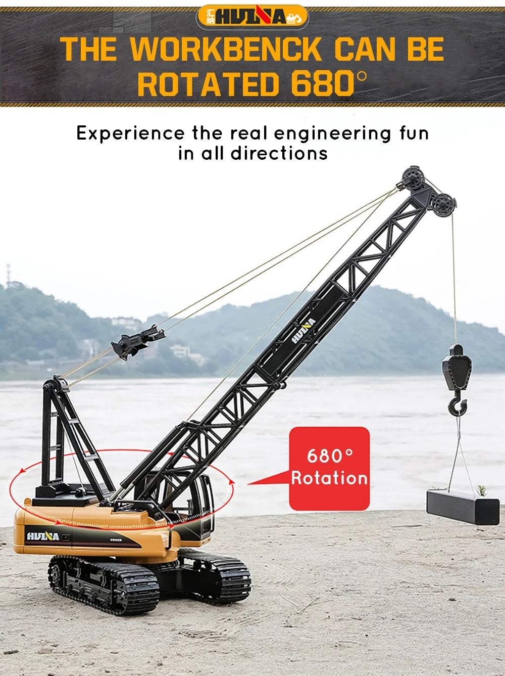 Huina 1572 - 1:14 RC Tracked Crane | 2.4GHz 15CH Alloy Construction Crawler with Grab Hook, Realistic Lights & Sound description image 4