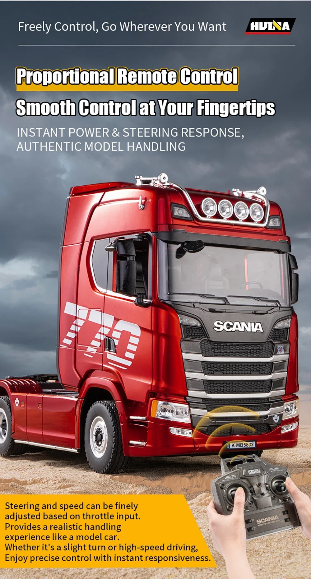 Huina 1501 Scania 770S 1:18 RC Semi Tractor Truck - 2.4GHz 19CH Officially Licensed Full Function with LED Lights & Sound RTR description image 5