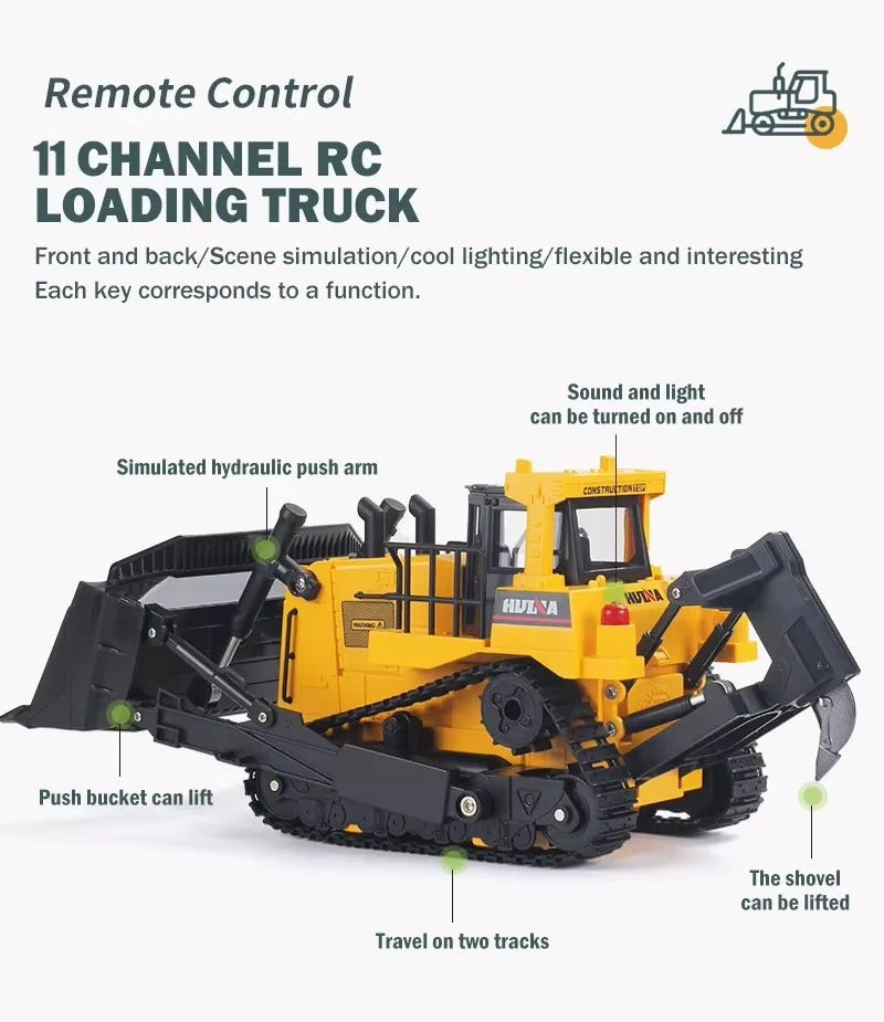 Huina 1554 - 1:16 11CH RC Bulldozer, Semi-Alloy Tracked Earthmover with 2.4GHz Remote Control, Motorized Metal Blade, Rear Ripper, LED Lights, Sound Effects, Rechargeable 3.7V 900mAh Battery description image 5