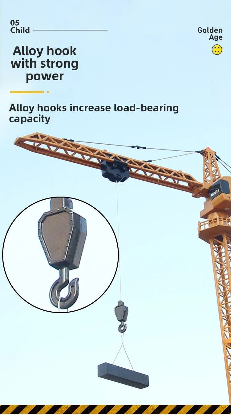 Huina 1585 - 1:14 12CH RC Tower Crane, Semi-Alloy Construction Crane with 2.4GHz Remote Control, 360° Rotation, Working Hook and Trolley, LED Lights, Sound Effects, Rechargeable Battery description image 5