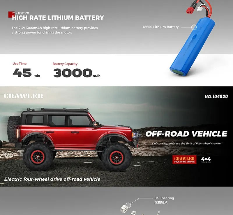 WLtoys 104020 - 1:10 Scale RC Ford Bronco Style Rock Crawler 4WD Off-Road Truck with Electric Winch, 2.4GHz Remote Control, 550 Brushed Motor and LED Lights description image 5