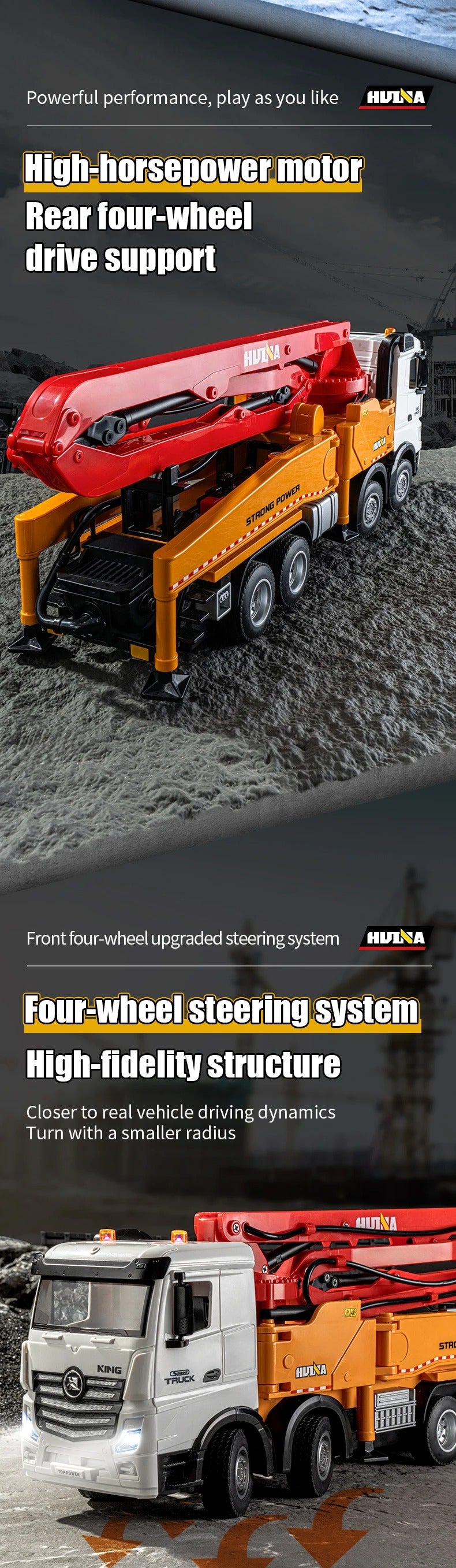 Huina 1381 - 1:18 11CH RC Concrete Pump Truck, 2.4GHz Remote-Control Construction Vehicle with Rotating Pump Arm, One-Key Water Spray, LED Lights, Sound Effects, Rechargeable Battery Included description image 5