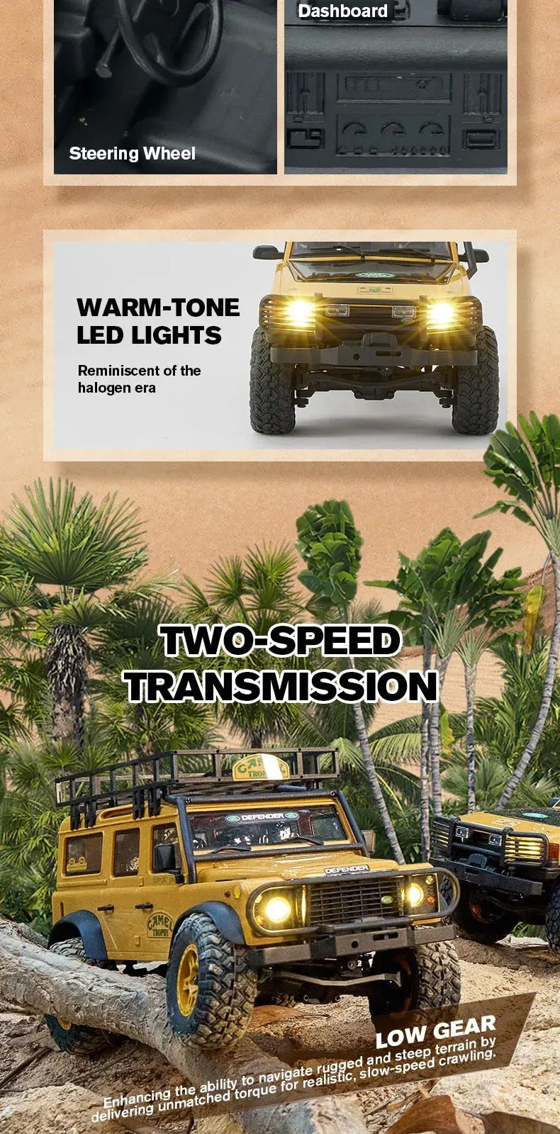 FMS FCX24M - 1:24 Land Rover Range Rover Camel Trophy RC Crawler, 4WD, ABS Hard Body, 050 35T Brushed Motor, 2-Speed Transmission, Metal Chassis Rails, Oil-Filled Shocks, 2.4GHz Radio, 2S Battery description image 5