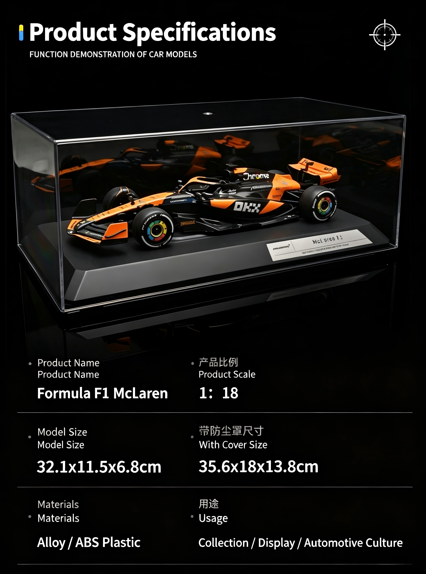 RW5218 McLaren Formula 1 MCL38 Die-Cast Model Car - 1:18 Scale, 2024 Miami Grand Prix Orange and Black Racing Livery description image 5