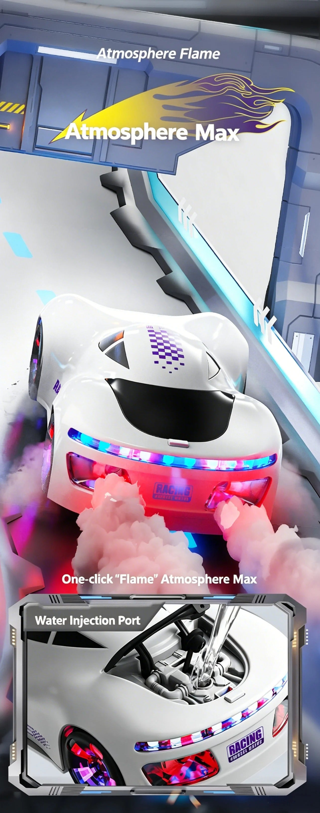 NEW ENERGY Drift Spray Remote Control Stunt Car for Kids, 4WD Rechargeable Sci-Fi Racing Car with 360° Rotation, Mecanum Wheels, Voice Control, Music, LED Lights and Water Spray Effect description image 6