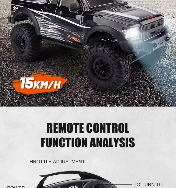 HB Toys HB-ZP1009 - 1:10 Scale 4WD RC Off-Road Climbing Truck, 15 km/h Remote Control Pickup with 540 Brushed Motor, 2.4GHz Control, LED Lights, IPX4 Splash Resistance and 7.4V Battery description image 6