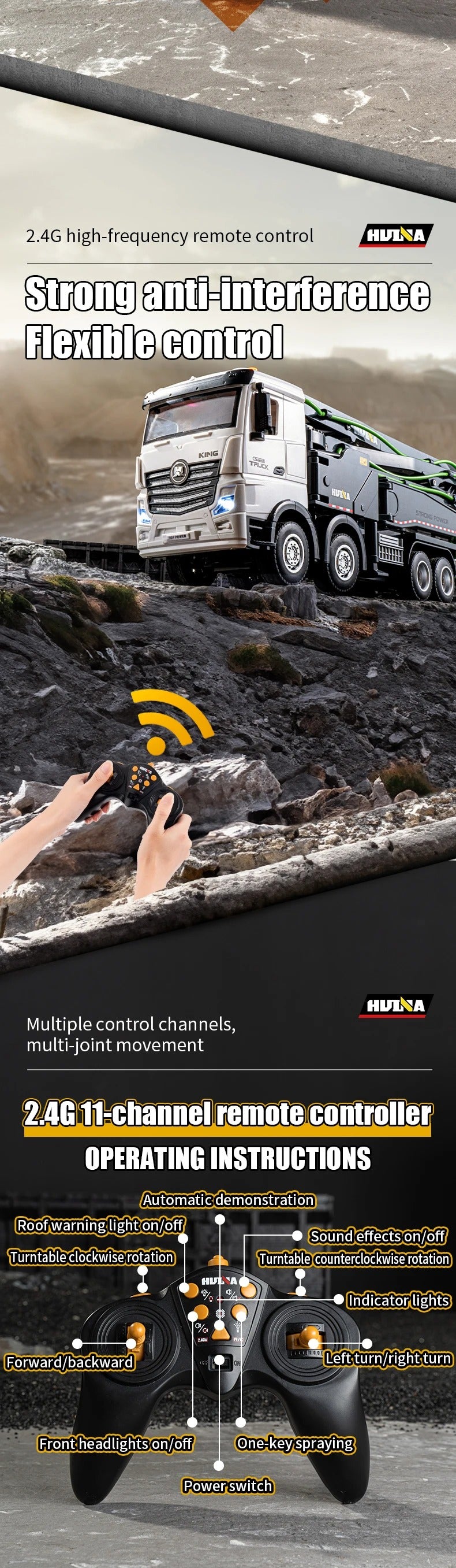 Huina 1381 - 1:18 11CH RC Concrete Pump Truck, 2.4GHz Remote-Control Construction Vehicle with Rotating Pump Arm, One-Key Water Spray, LED Lights, Sound Effects, Rechargeable Battery Included description image 6