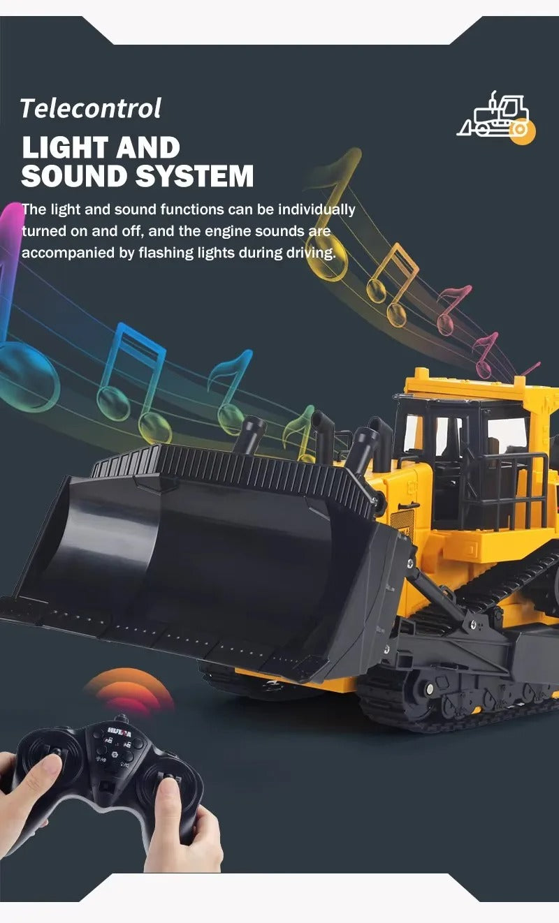 Huina 1554 - 1:16 11CH RC Bulldozer, Semi-Alloy Tracked Earthmover with 2.4GHz Remote Control, Motorized Metal Blade, Rear Ripper, LED Lights, Sound Effects, Rechargeable 3.7V 900mAh Battery description image 6