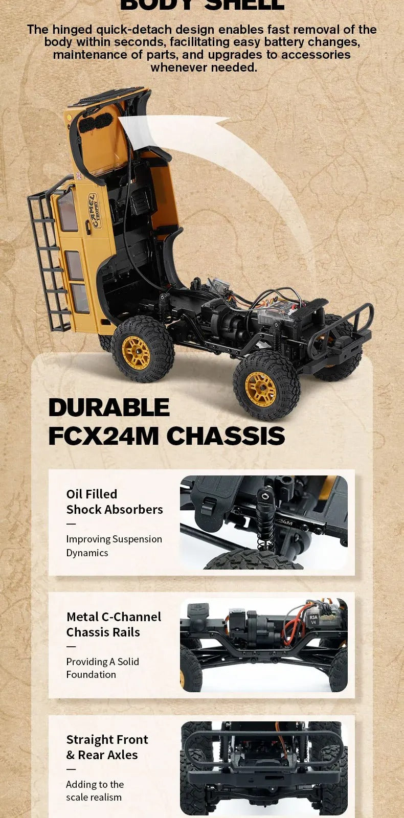 FMS FCX24M - 1:24 Land Rover Range Rover Camel Trophy RC Crawler, 4WD, ABS Hard Body, 050 35T Brushed Motor, 2-Speed Transmission, Metal Chassis Rails, Oil-Filled Shocks, 2.4GHz Radio, 2S Battery description image 7
