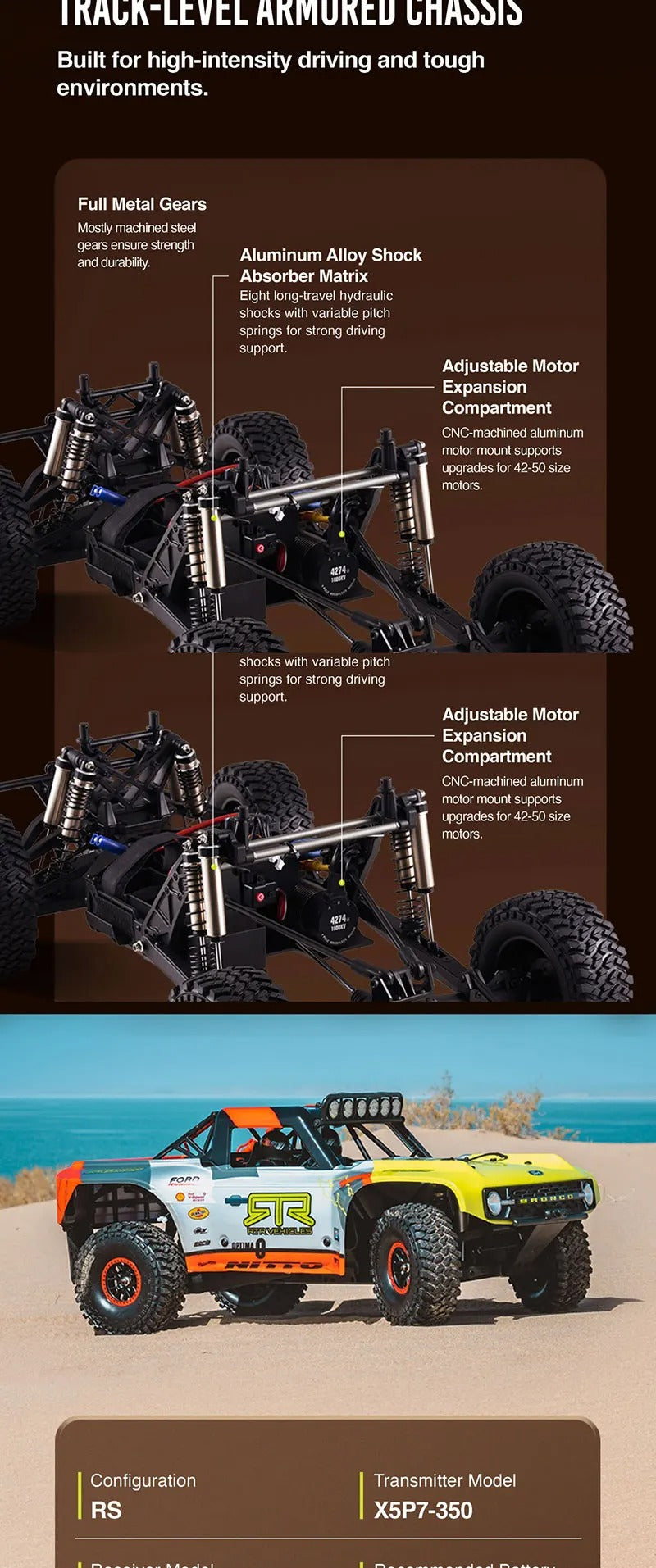 FMS 10702 RS25 - 1:7 Scale Ford Bronco U4 Funhaver 2025 Brushless RC Truck, 4WD, 80 km/h, 1600KV Motor, 150A ESC, Gyro Radio, LED Lights (Battery and Charger Not Included) description image 7