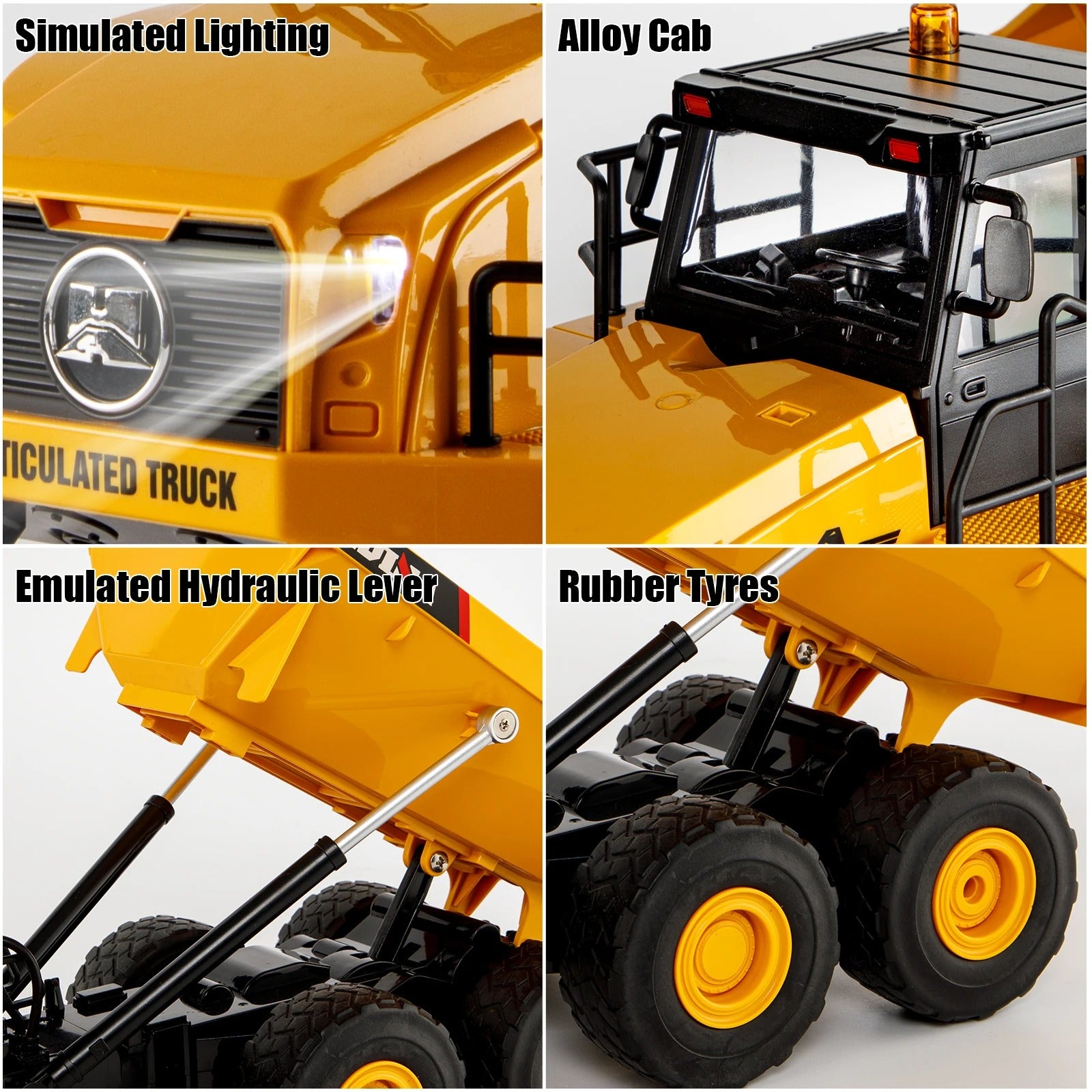 Huina 1553 1:16 11CH RC Dump Truck, 2.4GHz Remote-Control Articulated Construction Vehicle with Motorized Tilting Bed, LED Lights, Sound Effects, Demo Mode, 3.7V 900mAh Rechargeable Battery description image 7