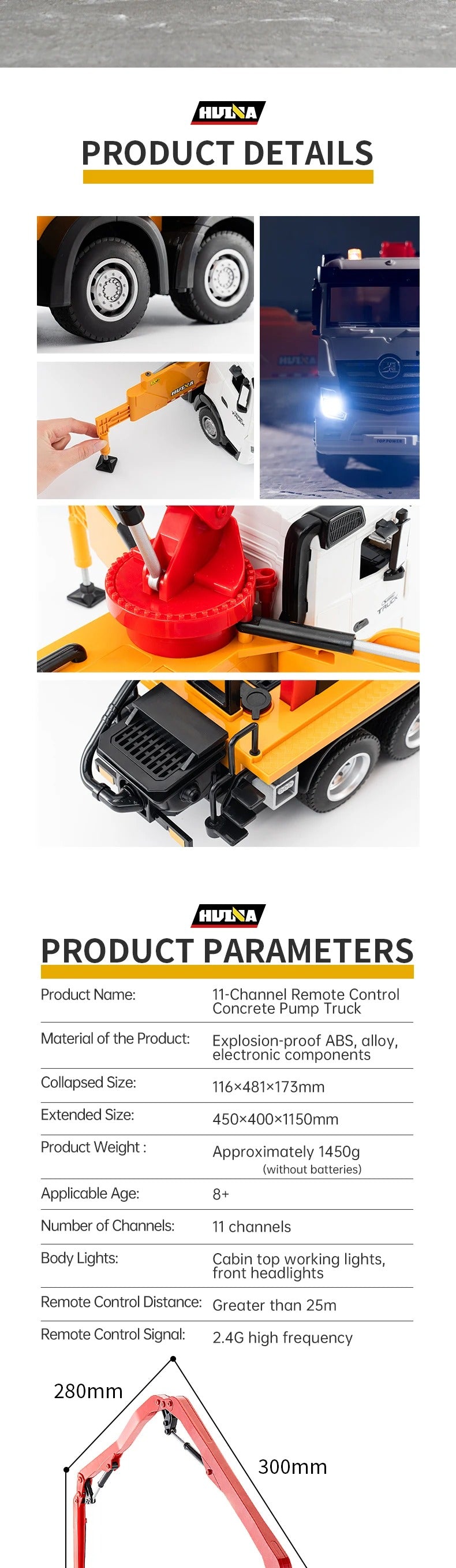 Huina 1381 - 1:18 11CH RC Concrete Pump Truck, 2.4GHz Remote-Control Construction Vehicle with Rotating Pump Arm, One-Key Water Spray, LED Lights, Sound Effects, Rechargeable Battery Included description image 7