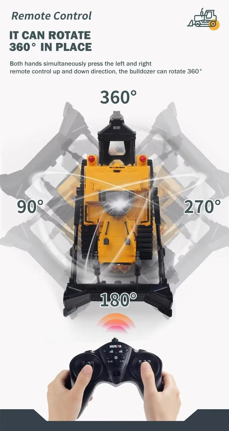 Huina 1554 - 1:16 11CH RC Bulldozer, Semi-Alloy Tracked Earthmover with 2.4GHz Remote Control, Motorized Metal Blade, Rear Ripper, LED Lights, Sound Effects, Rechargeable 3.7V 900mAh Battery description image 7