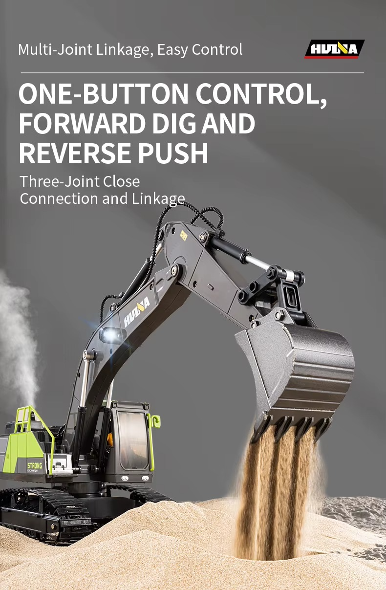 Huina 1661 - 1:18 RC Excavator | 2.4GHz 13CH Semi-Alloy Construction Digger with Alloy Bucket, Realistic Lights & Sound description image 3
