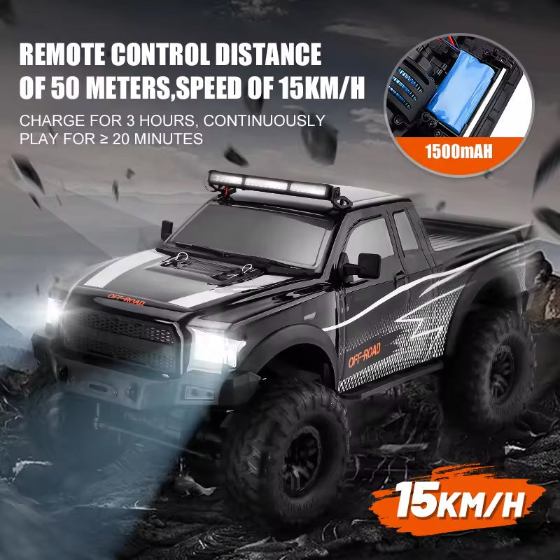 HB Toys HB-ZP1009 - 1:10 Scale 4WD RC Off-Road Climbing Truck, 15 km/h Remote Control Pickup with 540 Brushed Motor, 2.4GHz Control, LED Lights, IPX4 Splash Resistance and 7.4V Battery
