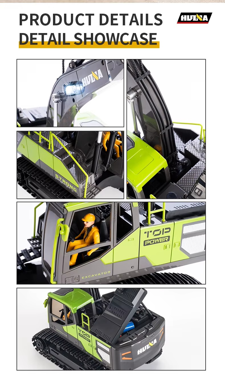 Huina 1661 - 1:18 RC Excavator | 2.4GHz 13CH Semi-Alloy Construction Digger with Alloy Bucket, Realistic Lights & Sound description image 6