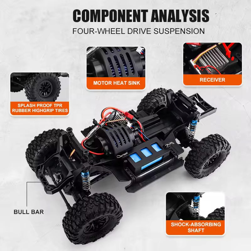 HB Toys HB-ZP1009 - 1:10 Scale 4WD RC Off-Road Climbing Truck, 15 km/h Remote Control Pickup with 540 Brushed Motor, 2.4GHz Control, LED Lights, IPX4 Splash Resistance and 7.4V Battery