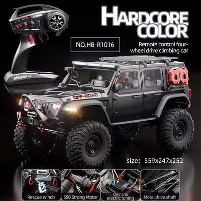 HB Toys R1016 - 1:10 4WD RC Rock Crawler Truck | Full Proportional Off-Road Climbing Car with Dual Motor, 2.4GHz Remote, LED Lights - alternate view
